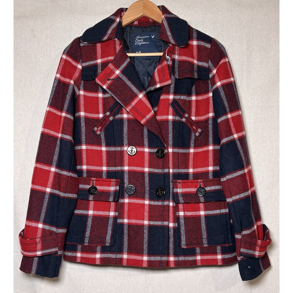 American Eagle Womens Small Red Peacoat Wool Double Breasted Lined Anchor Button